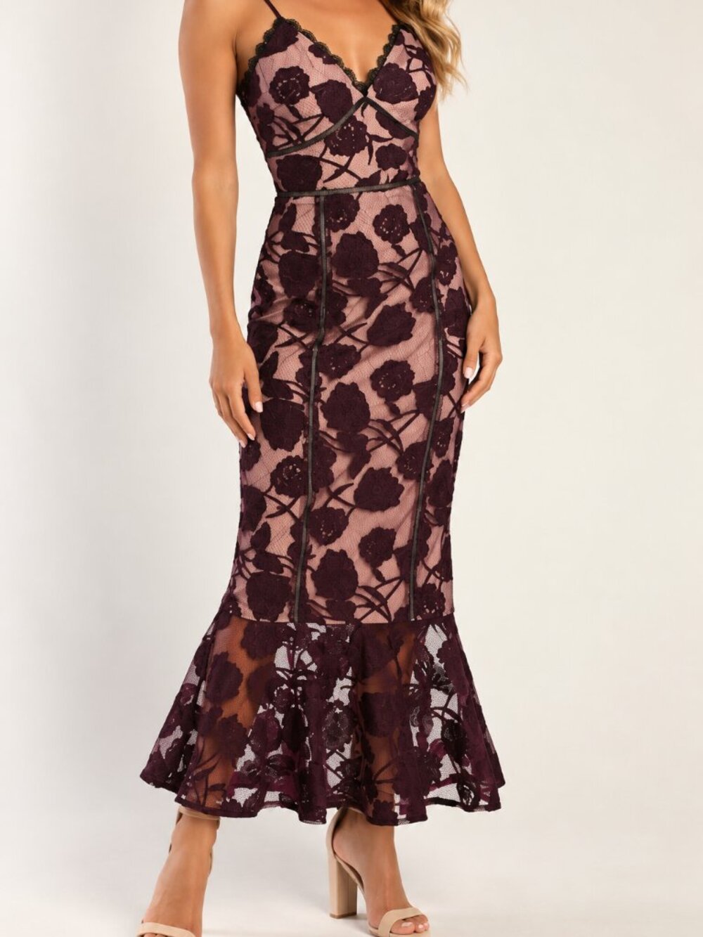 Lulus Alluring Dream Dark Purple Floral Mesh Lace Trumpet Midi Dress NWT